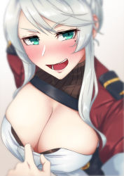 Rule 34 | 1girl, aiguillette, azur lane, blush, braid, braided bun, breasts, cleavage, clothes pull, dress, epaulettes, from above, gradient background, green eyes, grey background, hair between eyes, hair bun, hand on own chest, highres, konigsberg (azur lane), lips, long hair, looking at viewer, medium breasts, military, military uniform, mole, mole under eye, nagi ria, open mouth, pulling own clothes, silver hair, single hair bun, smile, solo, teasing, uniform, upper body