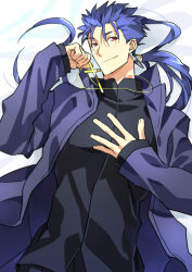 Rule 34 | 1boy, blue hair, cosplay, cross, cross necklace, cu chulainn (fate), cu chulainn (fate/stay night), earrings, fate/stay night, fate (series), jewelry, kon manatsu, kotomine kirei, kotomine kirei (cosplay), long hair, male focus, necklace, ponytail, red eyes, solo