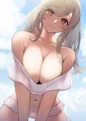 Rule 34 | 1girl, armpit crease, backlighting, bare shoulders, bikini, bikini skirt, blue sky, blush, braid, breasts squeezed together, breasts, brown eyes, brown hair, c (theta), cleavage, closed mouth, cloud, cloudy sky, collarbone, commentary, cowboy shot, day, eyelashes, highres, idolmaster, idolmaster shiny colors, large breasts, leaning forward, light particles, long hair, looking at viewer, navel, outdoors, pink bikini, sidelocks, signature, sky, smile, solo, stomach, swimsuit, tsukioka kogane, twintails
