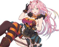 Rule 34 | 1girl, alternate costume, ass, asymmetrical legwear, black gloves, black thighhighs, boots, bow, breasts, darling in the franxx, detached hood, fang, gloves, green eyes, halloween costume, hand on own head, hood, horns, invisible chair, kaiend, large breasts, layered skirt, long hair, looking at viewer, miniskirt, mismatched legwear, oni horns, open mouth, orange bow, pink hair, red horns, simple background, sitting, skirt, smile, solo, strapless, striped clothes, striped thighhighs, thighhighs, tube top, very long hair, white background, zero two (darling in the franxx)