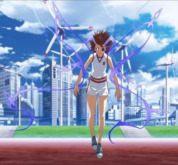 Rule 34 | 1girl, artist request, bare arms, bare shoulders, biribiri, black sclera, blouse, blue sky, brown hair, building, cloud, cloudy sky, colored sclera, day, electricity, electrokinesis, expressionless, fantasy, female focus, full body, game cg, grass, gym shirt, gym shorts, gym uniform, horns, midriff, misaka mikoto, misaka mikoto level 6 shift, outdoors, psychic, science fiction, shirt, shorts, sky, sleeveless, sleeveless shirt, stomach, thighs, toaru kagaku no railgun, toaru majutsu no index, toaru majutsu no index: imaginary fest, wall, white eyes, white shirt, white shorts, wind turbine, windmill, window