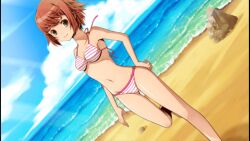 Rule 34 | 1girl, beach, bikini, closed mouth, day, dot nose, elisha, game cg, gloria union, navel, outdoors, red hair, smile, solo, standing, standing on one leg, striped bikini, striped clothes, swimsuit, water