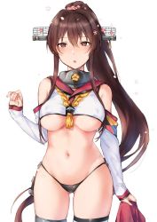 Rule 34 | 1girl, :o, adapted costume, areola slip, blush, breasts, brown eyes, brown hair, crop top, detached sleeves, flower, hair between eyes, hair flower, hair ornament, headgear, highleg, highleg panties, holding, kansho (stm 735), kantai collection, large breasts, long hair, long sleeves, midriff, navel, open mouth, panties, petals, ponytail, sidelocks, simple background, solo, tassel, thighhighs, underboob, underwear, white background, white thighhighs, yamato (kancolle)