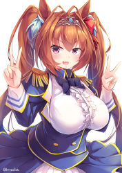 Rule 34 | 1girl, :d, absurdres, animal ears, black bow, black bowtie, blue corset, blue jacket, blue skirt, blush, bow, bowtie, breasts, brown hair, commentary request, corset, daiwa scarlet (umamusume), double v, epaulettes, hair between eyes, hair bow, hair intakes, highres, horse ears, horse girl, jacket, kanzakietc, large breasts, long hair, looking at viewer, open mouth, red bow, red eyes, shirt, skirt, smile, solo, tiara, umamusume, v, very long hair, white shirt