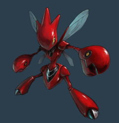 Rule 34 | alternate color, creatures (company), game freak, gen 2 pokemon, igau, insect wings, metal, nintendo, no humans, pokemon, pokemon (creature), scizor, simple background, solo, wings, yellow eyes