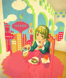 Rule 34 | 1girl, brown eyes, burger, cafe, can, cloud, drink can, green hair, hairband, indoors, kb, kirobaito, looking at viewer, original, pixel art, pixels, short hair, sitting, sky, smile, soda can, solo, swept bangs