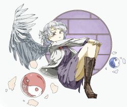 Rule 34 | 1girl, boots, brown footwear, cross-laced footwear, dress, feathered wings, full body, grey hair, jacket, kishin sagume, knee boots, lace-up boots, long sleeves, nama udon, open clothes, open jacket, open mouth, orb, purple dress, red eyes, short hair, single wing, solo, touhou, white jacket, white wings, wings, yin yang, yin yang orb