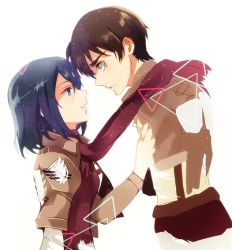Rule 34 | 1boy, 1girl, black hair, blue eyes, brown hair, cropped jacket, eren yeager, eye contact, height difference, kudakitsune (kaien kun), looking at another, mikasa ackerman, scarf, shared clothes, shared scarf, shingeki no kyojin
