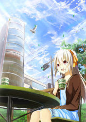 Rule 34 | 1girl, :d, bad id, bad pixiv id, bird, bow, building, bush, chair, cloud, cup, day, dove, flying, hairband, highres, leaf, long hair, long sleeves, open mouth, original, petals, red eyes, reflection, sitting, sky, smile, solo, table, traffic light, tree, tree-raim, white hair