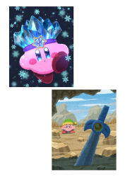 Rule 34 | absurdres, blue eyes, blush stickers, cave, closed mouth, copy ability, crown, green headwear, hat, highres, ice, ice kirby, kirby, kirby (series), looking at viewer, miclot, nintendo, no humans, pink footwear, shoes, simple background, snowflakes, sparkling eyes, sword, sword kirby, weapon, white background