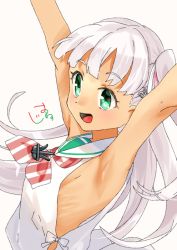 Rule 34 | 1girl, anchor hair ornament, anchor necklace, armpits, arms up, blunt bangs, commentary request, dress, green eyes, hair ornament, hair ribbon, jewelry, kantai collection, long hair, looking at viewer, low-cut armhole, maestrale (kancolle), necklace, one side up, oriharaizaya819, ribbon, ribs, sailor dress, signature, silver hair, simple background, sleeveless, sleeveless dress, solo, upper body, white background, white dress, white ribbon