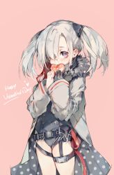 Rule 34 | 1girl, belt, belt buckle, blush, buckle, coat, english text, facing viewer, fur, girls&#039; frontline, glasses, gloves, grey hair, hair ornament, hair over one eye, happy valentine, heart, highres, hk21 (girls&#039; frontline), holding, holding heart, hood, hood down, imoko (imonatsuki), jacket, long hair, long sleeves, looking at viewer, open clothes, pink background, purple eyes, round eyewear, simple background, single glove, solo, standing, thigh strap, twintails, upper body, valentine