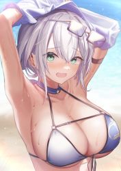 Rule 34 | 1girl, absurdres, armpits, bikini, blush, breasts, chest belt, cleavage, collarbone, eyes visible through hair, eyewear on head, fang, green eyes, highres, hololive, large breasts, looking at viewer, mole, mole on breast, open mouth, shirogane noel, shirogane noel (summer 2020), short hair, skin fang, solo, sora shitatoge, sunglasses, sweat, swimsuit, virtual youtuber