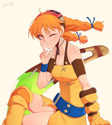 Rule 34 | 1girl, aika (eternal arcadia), belt, boomerang, braid, breasts, commentary, darahan, dress, earrings, english commentary, eternal arcadia, flight goggles, gloves, goggles, jewelry, long hair, medium breasts, necklace, one eye closed, open mouth, orange hair, single glove, smile, solo, twin braids, weapon, yellow dress
