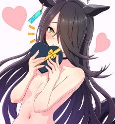 Rule 34 | 1girl, absurdres, animal ears, black hair, blush, box, breasts, choker, collarbone, commentary request, completely nude, gift, gift box, hair over one eye, heart, heart-shaped box, heart background, highres, holding, holding box, holding gift, horse girl, long hair, looking at viewer, manhattan cafe (umamusume), navel, nude, resolution mismatch, small breasts, smile, solo, source smaller, special cat, umamusume, upper body, valentine, very long hair, yellow eyes