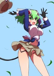 Rule 34 | 10s, 1girl, android, black gloves, blush, bouncing breasts, breasts, cable, cable tail, dimension w, gloves, green eyes, green hair, hat, large breasts, legs, looking back, matching hair/eyes, mechanical tail, navel, no panties, open mouth, robot girl, shirono, short hair, skirt, solo, tail, vest, wind, wind lift, yurizaki mira
