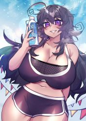 Rule 34 | 1girl, absurdres, ahoge, blush, bottle, breasts, cleavage, curvy, eyebrows, fangs, highres, huge breasts, lewdweather, long hair, looking at viewer, nail polish, navel, nyarla (osiimi), original, osiimi, purple eyes, purple hair, purple nails, short shorts, shorts, sidelocks, smile, solo, summer, thick thighs, thighs, water bottle, wide hips
