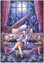 Rule 34 | 1girl, black flower, black rose, blanca (liliorl), bow, commission, curtains, dress, emperpep, flower, frilled dress, frills, hair bow, hair flower, hair ornament, highres, indoors, instrument, long hair, long sleeves, looking at viewer, moon, moonlight, night, night sky, orange eyes, original, painting (medium), piano, piano bench, piano print, red eyes, ribbon, rose, sky, smile, solo, stuffed animal, stuffed toy, teddy bear, traditional media, watercolor (medium), watercolor pencil (medium), wavy hair, white hair, window