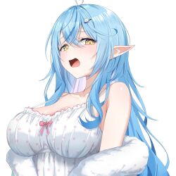 Rule 34 | 1girl, absurdres, ahoge, ai (u e o o), bare shoulders, blue hair, breasts, camisole, cleavage, collarbone, elf, heart, heart ahoge, highres, hololive, large breasts, light blush, looking at viewer, open mouth, pointy ears, solo, spaghetti strap, tongue, virtual youtuber, white camisole, yellow eyes, yukihana lamy
