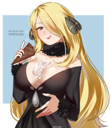 Rule 34 | 1girl, bare shoulders, black coat, black shirt, blonde hair, breasts, chocojax, cleavage, coat, creatures (company), cynthia (pokemon), food, food on body, food on breasts, fur collar, fur trim, game freak, grey eyes, hair ornament, hair over one eye, highres, ice cream, ice cream cone, large breasts, lips, long hair, long sleeves, nintendo, pokemon, pokemon dppt, shirt, simple background, smile, solo, swept bangs, tongue, tongue out