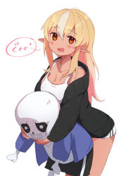Rule 34 | 1boy, 1girl, black jacket, blonde hair, blush, breasts, carrying, collarbone, commentary, cowboy shot, crossover, dark-skinned female, dark skin, drooling, hair between eyes, highres, hololive, jacket, leaning forward, long hair, looking at viewer, medium breasts, mouth drool, multicolored hair, off shoulder, open clothes, open jacket, open mouth, orange eyes, pointy ears, sans (undertale), sasaki (glass1138), shiranui flare, short shorts, shorts, sidelocks, simple background, smile, standing, streaked hair, symbol-only commentary, tank top, translated, two-tone hair, undertale, virtual youtuber, white background, white hair, white shorts, white tank top