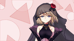 Rule 34 | 1girl, azur lane, bare shoulders, black dress, blue eyes, blue hair, breasts, brown hair, closed mouth, collarbone, commentary request, covered collarbone, cross, dress, flower, hair between eyes, highres, iron cross, looking at viewer, medium breasts, multicolored hair, pink background, purple hair, red flower, red rose, rock zinc, rose, see-through, smile, solo, streaked hair, upper body, veil, z23 (azur lane), z23 (schwarze hochzeit) (azur lane)