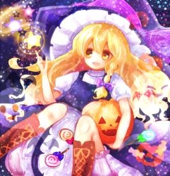 Rule 34 | 1girl, blonde hair, boots, bow, braid, candy, food, ghost tail, halloween, hat, hat bow, jack-o&#039;-lantern, kirisame marisa, long hair, mayo (mayomr29), open mouth, side braid, solo, star (symbol), touhou, witch hat, yellow eyes
