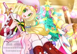 1girl :d alternate_color blonde_hair blurry blurry_background christmas_tree creatures_(company) dress flute game_freak gen_7_pokemon green_eyes hat holding holding_flute holding_instrument instrument lillie_(holiday_2024)_(pokemon) lillie_(pokemon) long_hair looking_at_viewer nintendo official_alternate_costume open_mouth pink_hat pokemon pokemon_masters_ex pokepokekonpeki primarina recorder red_footwear shiny_pokemon smile twitter_username