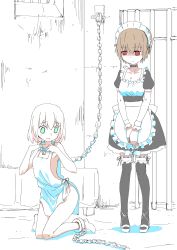 Rule 34 | 2girls, absurdres, apron, bare legs, barefoot, barikios, bdsm, bed, bed sheet, blush, bondage, bound, brown hair, chain, collar, cuffs, dress, dungeon, female focus, frills, full body, gown, highres, indoors, key, kneeling, maid, maid apron, maid headdress, mary janes, multiple girls, naked apron, open mouth, original, partially colored, red eyes, shackles, shoes, short hair, short sleeves, skirt, slave, standing, thighs