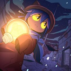 Rule 34 | :&lt;, animal hat, brown eyes, brown hat, building, cat hat, closed mouth, colored sclera, fisheye, glowing, hair between eyes, hat, holding, houten (dre a mer), light bulb, looking back, night, night sky, niko (oneshot), oneshot (game), other focus, outdoors, purple hair, rust, scarf, short hair, sky, sleeves past wrists, solo, standing, star (sky), starry sky, yellow sclera