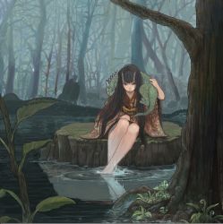 Rule 34 | 1girl, barefoot, black hair, donipo, eco (soukoku), forest, horns, iguana (animal), japanese clothes, kimono, long hair, looking at viewer, nature, oni, original, sitting, soaking feet, solo, tree, water