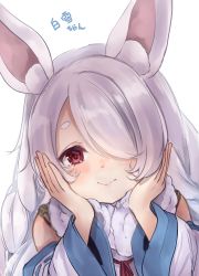 Rule 34 | 1girl, animal ear fluff, animal ears, artist request, azur lane, blush, character name, hair over one eye, hands on own cheeks, hands on own face, highres, long hair, looking at viewer, one-hour drawing challenge, one eye covered, rabbit ears, rabbit girl, red eyes, shirayuki (azur lane), smile, solo