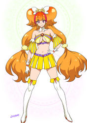 Rule 34 | 1girl, amanogawa kirara, bare shoulders, boots, choker, cure twinkle, earrings, full body, gloves, go! princess precure, gradient background, hand on own hip, jewelry, joy ride, long hair, looking at viewer, magical girl, multicolored hair, navel, orange hair, precure, purple eyes, red hair, skirt, smile, solo, standing, star (symbol), star earrings, thigh boots, thighhighs, twintails, two-tone hair, white footwear, white gloves, white thighhighs