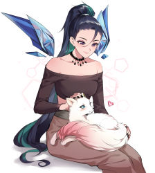 Rule 34 | 1girl, absurdres, animal, animal on lap, aniroud, bare shoulders, black hair, brown pants, brown shirt, closed mouth, colored inner hair, detached wings, forehead, fox, green hair, hair between eyes, heart, highres, k/da all out kai&#039;sa, kai&#039;sa, league of legends, long hair, long sleeves, looking at animal, multicolored hair, off-shoulder shirt, off shoulder, on lap, pants, petting, ponytail, purple eyes, shirt, smile, solo, two-tone hair, very long hair, white background, wings