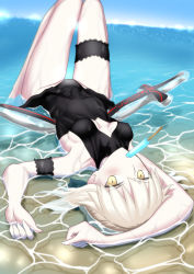 Rule 34 | 1girl, absurdres, artoria pendragon (alter swimsuit rider) (fate), artoria pendragon (alter swimsuit rider) (first ascension) (fate), artoria pendragon (fate), beach, black one-piece swimsuit, black ribbon, blonde hair, blush, breasts, bridal garter, dress swimsuit, fate/grand order, fate (series), food, hair ribbon, highres, inflatable toy, knees up, long hair, looking at viewer, lying, medium breasts, mouth hold, ocean, on back, one-piece swimsuit, pale skin, popsicle, ribbon, shidou (x 2903), swimsuit, thighs, yellow eyes