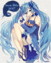 Rule 34 | 1girl, alternate costume, artist request, blue dress, blue eyes, blue hair, blue nails, detached sleeves, dress, hair ornament, hatsune miku, highres, legs up, long hair, nail polish, simple background, smile, snow, solo, twintails, very long hair, vocaloid, wand, yuki miku