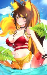 Rule 34 | 1girl, ahoge, animal ear fluff, animal ears, bikini, black choker, bracelet, breasts, brown hair, choker, ciirilla (sullendaisy), cleavage, commentary, english commentary, flame-tipped tail, highres, indie virtual youtuber, innertube, jewelry, large breasts, long hair, looking at viewer, multicolored hair, multicolored tail, nail polish, navel, open mouth, orange eyes, orange hair, orange tail, ponytail, red bikini, see-through, sinder (vtuber), spiked bracelet, spikes, streaked hair, swim ring, swimsuit, tail, thigh strap, virtual youtuber, wading, water, wolf ears, wolf girl, wolf tail