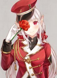Rule 34 | 1girl, aiguillette, black shirt, blunt bangs, buttons, closed mouth, elu (9th costume) (nijisanji), elu (nijisanji), flower, flower button, flower over eye, gloves, gold trim, grey background, grey hair, hair ornament, hair scrunchie, hat, head tilt, highres, holding, holding flower, jacket, juliet sleeves, lapels, light blush, long hair, long sleeves, looking at viewer, low twintails, military hat, nijisanji, notched lapels, official alternate costume, one eye covered, peaked cap, pointy ears, puffy sleeves, red eyes, red flower, red hat, red jacket, red rose, red scrunchie, rose, scrunchie, shirt, simple background, sleeve cuffs, smile, solo, straight-on, tilted headwear, tubame-hien, twintails, upper body, virtual youtuber, white gloves