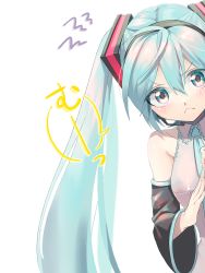 Rule 34 | 1girl, angry, aqua eyes, aqua hair, aqua nails, aqua necktie, armpit crease, bare shoulders, black sleeves, collarbone, commentary, detached sleeves, frilled shirt, frilled shirt collar, frills, frown, gouya daifuku, grey shirt, hair ornament, hatsune miku, headphones, headset, highres, leaning to the side, long hair, looking at viewer, nail polish, necktie, peeking out, shirt, sleeveless, sleeveless shirt, solo, speech bubble, squiggle, translated, twintails, upper body, v-shaped eyebrows, very long hair, vocaloid, white background