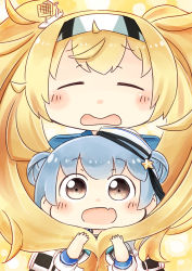 Rule 34 | 2girls, aqua neckwear, black eyes, black ribbon, blonde hair, blue hair, blue shirt, closed eyes, collared shirt, commentary request, dixie cup hat, double bun, fang, gambier bay (kancolle), hair bun, hairband, hat, hat ribbon, hinata yuu, kantai collection, long hair, long sleeves, military hat, multicolored hairband, multiple girls, neckerchief, open mouth, ribbon, samuel b. roberts (kancolle), shirt, short hair, sleeve cuffs, smile, twintails, upper body, white hat, white shirt