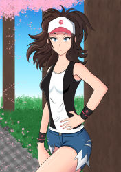 Rule 34 | 1girl, absurdres, bad id, bad twitter id, baseball cap, black vest, blue eyes, blue shorts, brown hair, closed mouth, creatures (company), cropped legs, denim, denim shorts, game freak, hand on own hip, hat, highres, hilda (pokemon), laceysx, leg lift, lips, long hair, nail, nail polish, nintendo, pink hat, pink nails, poke ball, poke ball (basic), poke ball symbol, pokemon, pokemon bw, self-upload, shirt, short shorts, short sleeves, shorts, simple background, smile, solo, standing, vest, white shirt, wrist cuffs