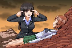 Rule 34 | 2girls, angry, black eyes, black hair, black jacket, black neckerchief, black pants, bloodshot eyes, blouse, blunt bangs, brown eyes, brown hair, closed eyes, commentary, dress shirt, english commentary, formal, frown, girls und panzer, glaring, green skirt, highres, invincible (series), jacket, kneeling, long hair, long sleeves, looking at another, lying, meme, miniskirt, mother and daughter, multiple girls, naguchanchin, neckerchief, nishizumi miho, nishizumi shiho, on back, ooarai school uniform, open mouth, orange sky, pant suit, pants, parody, pleated skirt, pointing, pointing at self, sailor collar, school uniform, shirt, short hair, skirt, sky, straight hair, suit, think mark think! (meme), white sailor collar, white shirt, wing collar