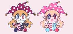 Rule 34 | + +, 1girl, american flag legwear, american flag shirt, artist name, blonde hair, blue eyes, blue pants, blue shirt, blue sleeves, blush, chibi, clownpiece, collar, doll, dreamysuite, fairy wings, hair between eyes, hat, heterochromia, jester cap, long hair, long sleeves, looking at viewer, multicolored clothes, multicolored pants, multicolored shirt, no shoes, open mouth, pants, pink background, pink hat, red eyes, red hat, red pants, red shirt, red sleeves, shirt, short sleeves, simple background, sitting, smile, solo, star (symbol), star print, striped clothes, striped pants, striped shirt, teeth, touhou, white collar, white sleeves, wings