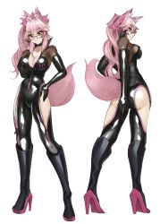 Rule 34 | 1girl, animal ear fluff, animal ears, ass, black bodysuit, blush, bodysuit, boots, breasts, center opening, choker, cleavage, collarbone, fate/grand order, fate (series), fox ears, fox girl, fox tail, glasses, hair ribbon, high heel boots, high heels, highres, koyanskaya (assassin) (first ascension) (fate), koyanskaya (fate), large breasts, latex, latex bodysuit, long hair, looking at viewer, looking back, pink hair, ribbon, ribbon choker, side ponytail, skin tight, solo, tail, tamamo (fate), transparent background, volyz, white-framed eyewear, yellow eyes