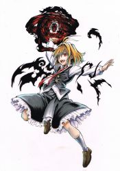 Rule 34 | :d, arm up, blonde hair, darkness, ex-rumia, frilled skirt, frills, hair ribbon, highres, koji (koji-a), necktie, open mouth, red eyes, ribbon, rumia, shirt, short hair, skirt, smile, touhou, vest