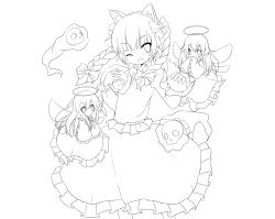 Rule 34 | absurdres, animal ears, bow, braid, cat ears, covering own mouth, dress, fang, greyscale, hair bow, halo, hand over own mouth, highres, kaenbyou rin, lineart, long hair, looking at viewer, miko machi, monochrome, one eye closed, open mouth, skull, smile, touhou, twin braids, twintails, wings, wink, zombie fairy (touhou)