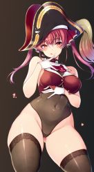 Rule 34 | 1girl, :q, arrow through heart, bare shoulders, bicorne, black thighhighs, blush, bodystocking, breasts, closed mouth, covered navel, crop top, gloves, gluteal fold, hair between eyes, hat, heart, heterochromia, highres, hololive, houshou marine, large breasts, leotard, leotard under clothes, lips, long hair, looking at viewer, masaoka misaki, no pants, pirate hat, red eyes, red hair, ribbon, see-through, see-through leotard, simple background, sleeveless, smile, solo, standing, thighhighs, tongue, tongue out, twintails, virtual youtuber, white gloves, yellow eyes