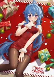 Rule 34 | 1girl, :o, ahoge, bare shoulders, blue hair, blush, box, breasts, brown pantyhose, collar, commentary request, covered navel, dress, feet out of frame, fur-trimmed dress, fur trim, ganyu (genshin impact), genshin impact, gift, gift box, hair between eyes, highres, horns, large breasts, linreplica, long hair, looking at viewer, lying, merry christmas, off-shoulder dress, off shoulder, on back, pantyhose, parted lips, pencil dress, purple eyes, red collar, red dress, short dress, solo, thighs, very long hair, wrist cuffs
