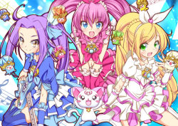 Rule 34 | 10s, 3girls, blonde hair, blue eyes, blue skirt, blush, boots, bow, brooch, brown eyes, choker, colorized, cure beat, cure melody, cure rhythm, dory, electric guitar, fary, green eyes, guitar, heart, highres, houjou hibiki, hummy (suite precure), instrument, jewelry, kurokawa eren, lary, long hair, looking at viewer, magical girl, midriff, minamino kanade, miry, multiple girls, musical note, navel, noumin, open mouth, pink bow, pink hair, precure, purple hair, quaver, rery, seiren (suite precure), side ponytail, skirt, smile, sory, suite precure, thigh boots, thighhighs, tiry, treble clef, twintails, white choker