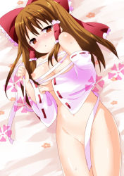 Rule 34 | 1girl, bad id, bad pixiv id, blush, bottomless, bow, breasts, brown eyes, brown hair, censored, convenient censoring, detached sleeves, female focus, hair bow, hair tubes, hakurei reimu, lying, nipples, on back, red eyes, sarashi, shige, solo, touhou, undone sarashi